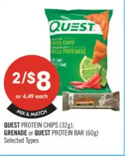 Shoppers Drug Mart QUEST PROTEIN CHIPS (32g), GRENADE or QUEST PROTEIN BAR (60g) offer