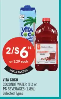 Shoppers Drug Mart VITA COCO COCONUT WATER (1L) or PC BEVERAGES (1.89L) offer