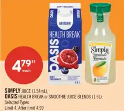 Shoppers Drug Mart SIMPLY JUICE (1.54mL), OASIS HEALTH BREAK or SMOOTHIE JUICE BLENDS (1.6L) offer