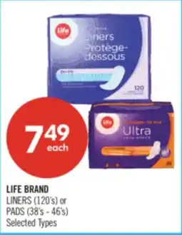 Shoppers Drug Mart LIFE BRAND LINERS (120's) or PADS (38's - 46's) offer