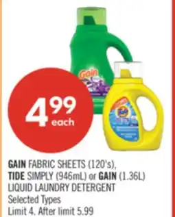 Shoppers Drug Mart GAIN FABRIC SHEETS (120's), TIDE SIMPLY (946mL) or GAIN (1.36L) LIQUID LAUNDRY DETERGENT offer