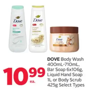 Rexall DOVE Body Wash 400mL-710mL, Bar Soap 6x106g, Liquid Hand Soap 1L or Body Scrub 425g offer