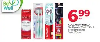 Rexall COLGATE or HELLO Toothpaste 70mL-133mL or Toothbrushes offer