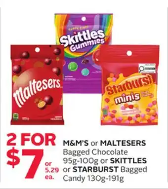 Rexall M & M' S or MALTESERS Bagged Chocolate 95g-100g or SKITTLES or STARBURST Bagged Candy 130g-191g offer