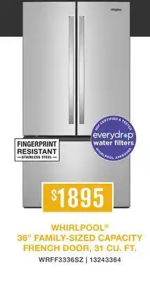 Leon's Whirlpool 36 31 Cu. Ft. Fingerprint Resistant Stainless Steel Refrigerator - WRFF3336SZ offer