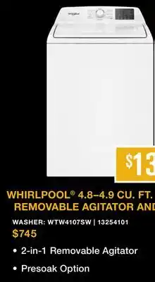 Leon's Whirlpool White Top Load Washer (4.8 Cu. Ft. IEC) - WTW4107SW offer
