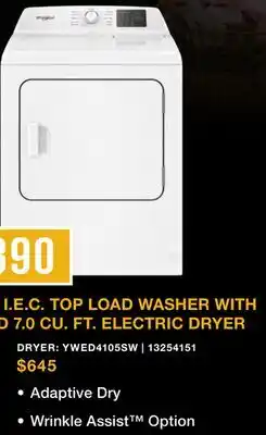 Leon's Whirlpool White Electric Dryer (7.0 Cu. Ft.) with Adaptive Dry - YWED4105SW offer