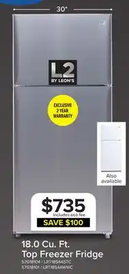 Leon's L2 29.5 18 Cu. Ft. Stainless Steel Top-Freezer Refrigerator - LRT18S4ASTC offer