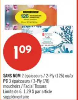 Pharmaprix NO NAME 2-Ply (126) or PC 3-Ply (78) Facial Tissues offer
