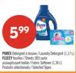 Pharmaprix PUREX Laundry Detergent (1,17 L), FLEECY Sheets (80) or Fabric Softener (1,36 L) offer