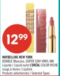 Pharmaprix MAYBELLINE NEW YORK BUBBLE Mascara, SUPER STAY VINYL INK Liquid or L'ORÉAL COLOR RICHE Lipstick offer