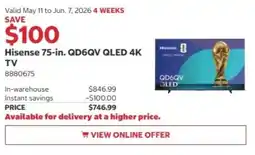 Costco Hisense 75-in. QD6QV QLED 4K TV offer