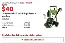 Costco Greenworks 2100 PSI pressure washer offer