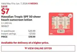 Costco Hawaiian Tropic SPF 50 sheer touch sunscreen lotion offer