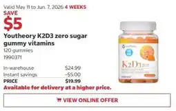Costco Youtheory K2D3 zero sugar gummy vitamins offer