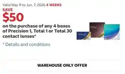 Costco on the purchase of any 4 boxes of Precision 1, Total 1 or Total 30 contact lenses offer