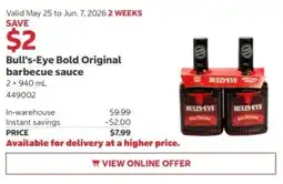 Costco Bull's-Eye Bold Original barbecue sauce offer