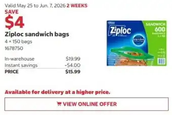 Costco Ziploc sandwich bags offer