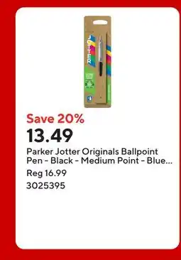 Staples Parker Jotter Originals Ballpoint Pen - Black - Medium Point - Blue Ink offer