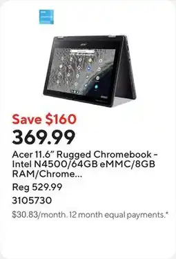 Staples Acer 11.6 Rugged Chromebook - Intel N4500/64GB eMMC/8GB RAM/Chrome OS with 3 months of Google AI Pro offer