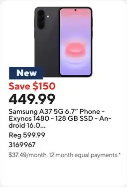 Staples Samsung A37 5G 6.7 Phone - Exynos 1480 - 128 GB SSD - Android 16.0 - Charcoal offer