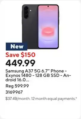 Staples Samsung A37 5G 6.7 Phone - Exynos 1480 - 128 GB SSD - Android 16.0 - Charcoal offer