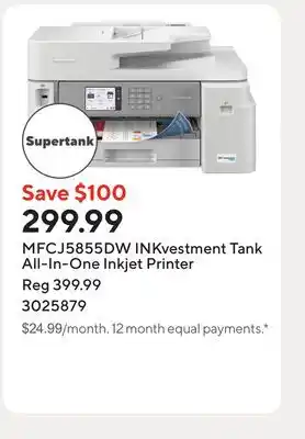 Staples MFCJ5855DW INKvestment Tank All-In-One Inkjet Printer offer