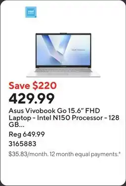 Staples Asus Vivobook Go 15.6 FHD Laptop - Intel N150 Processor - 128 GB UFS - 4 GB RAM - Windows 11 offer
