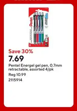 Staples Pentel Energel gel pen, 0.7mm retractable, assorted 4/pk offer