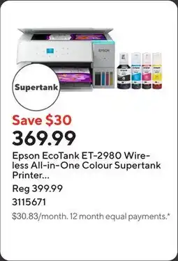 Staples Epson EcoTank ET-2980 Wireless All-in-One Colour Supertank Printer - White offer