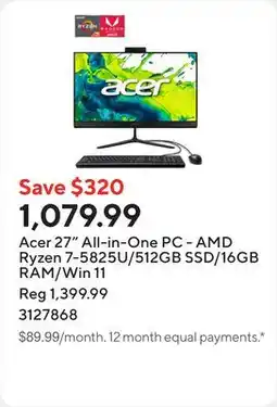 Staples Acer 27 All-in-One PC - AMD Ryzen 7-5825U/512GB SSD/16GB RAM/Win 11 offer