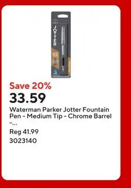 Staples Waterman Parker Jotter Fountain Pen - Medium Tip - Chrome Barrel - Blue Ink offer