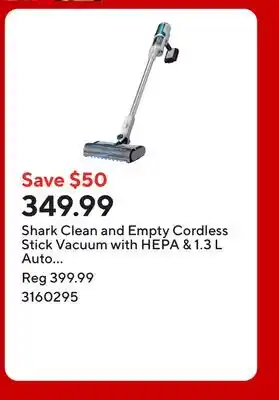 Staples Shark Clean and Empty Cordless Stick Vacuum with HEPA & 1.3 L Auto Empty System - White offer