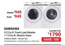 Visions Electronics SAMSUNG 5.2 Cu.ft. Front Load Washer + 7.5 Cu.ft. Electric Dryer offer