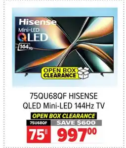 2001 Audio Video 75U68QF HISENSE QLED Mini-LED 144Hz TV offer