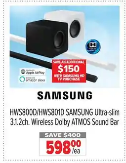 2001 Audio Video HWS800D/HWS801D SAMSUNG Ultra-slim 3.1.2ch. Wireless Dolby ATMOS Sound Bar offer