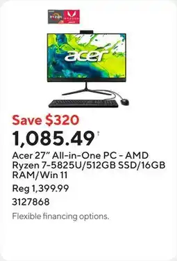 Staples Acer 27 All-in-One PC - AMD Ryzen 7-5825U/512GB SSD/16GB RAM/Win 11 offer
