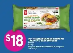No Frills PC the heat chaser cheddar jalapeño beef burgers offer