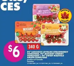 No Frills PC luscious lovelies strawberry tomatoes, pc mixiany cherry tomatoes or pc sweet marvels grape tomatoes offer