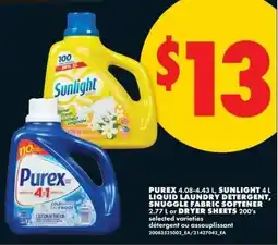No Frills Purex, sunlight liquid laundry detergent, snuggle fabric softener or dryer sheets offer