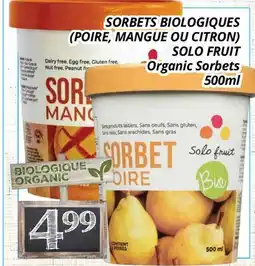 Supermarché PA SORBETS BIOLOGIQUES (POIRE, MANGUE OU CITRON)/SOLO FRUIT Organic Sorbets offer