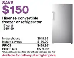 Costco Hisense convertible freezer or refrigerator offer
