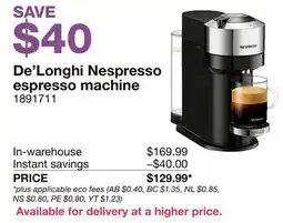 Costco De'Longhi Nespresso espresso machine offer
