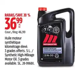 Canadian Tire MotoMaster Synthetic High-Mileage Motor Oil. 3 grades available. 5L offer