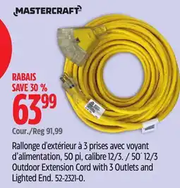 Canadian Tire MASTERCRAFT 50´ 12/3 Outdoor Extension Cord with 3 Outlets and Lighted End offer