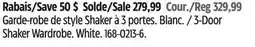 Canadian Tire 3-Door Shaker Wardrobe. White offer