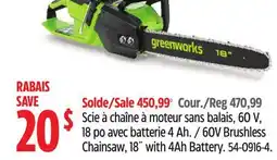 Canadian Tire 60V Brushless Chainsaw, 18˝ with 4Ah Battery offer