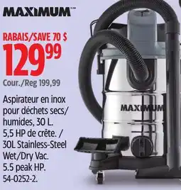 Canadian Tire MAXIMUM 30L Stainless-Steel Wet/Dry Vac offer