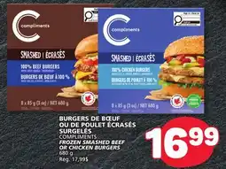 Marché Bonichoix COMPLIMENTS FROZEN SMASHED BEEF OR CHICKEN BURGERS offer