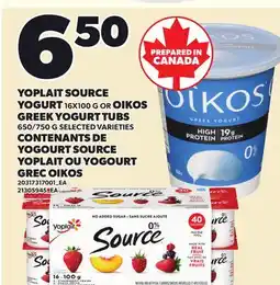 Independent Grocer YOPLAIT SOURCE YOGURT, 16X100 G OR OIKOS GREEK YOGURT TUBS, 650/750 G offer